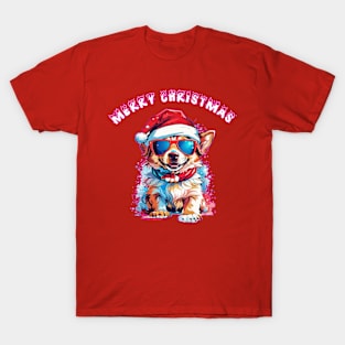 cute dog waring Christmas hat and sunglasses T-Shirt